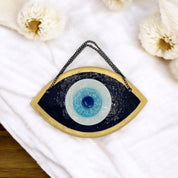 Handmade Fused Glass Wall Hanging with Dark Blue and Gold Evil Eye Design for Home Decor