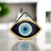 Handmade Fused Glass Wall Hanging with Dark Blue and Gold Evil Eye Design for Home Decor