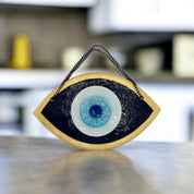 Handmade Fused Glass Wall Hanging with Dark Blue and Gold Evil Eye Design for Home Decor
