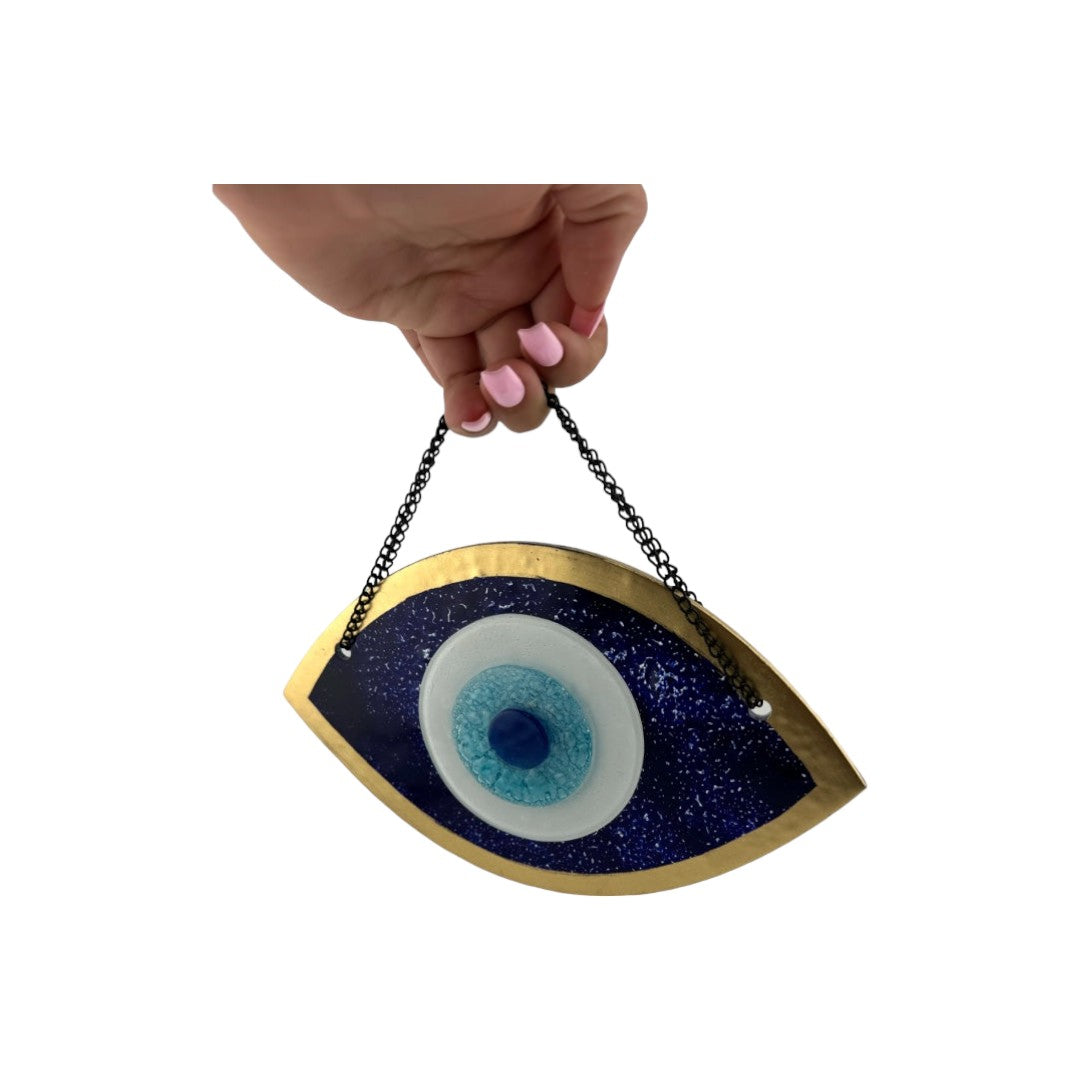 Handmade Fused Glass Wall Hanging with Dark Blue and Gold Evil Eye Design for Home Decor