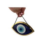 Handmade Fused Glass Wall Hanging with Dark Blue and Gold Evil Eye Design for Home Decor