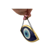 Handmade Fused Glass Wall Hanging with Dark Blue and Gold Evil Eye Design for Home Decor