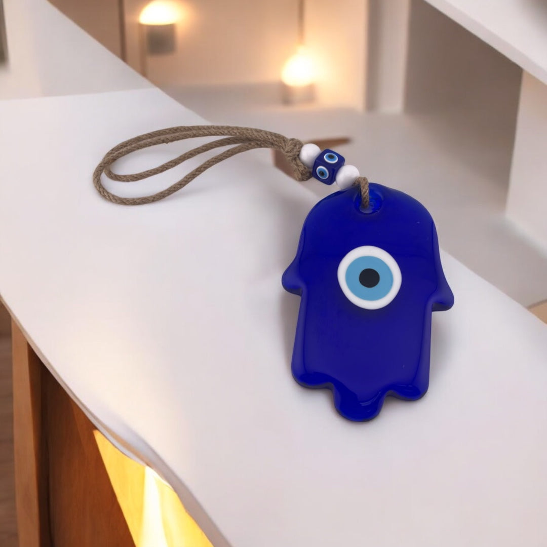 Hamsa Glass Blue Evil Eye Nazar Wall Ornament