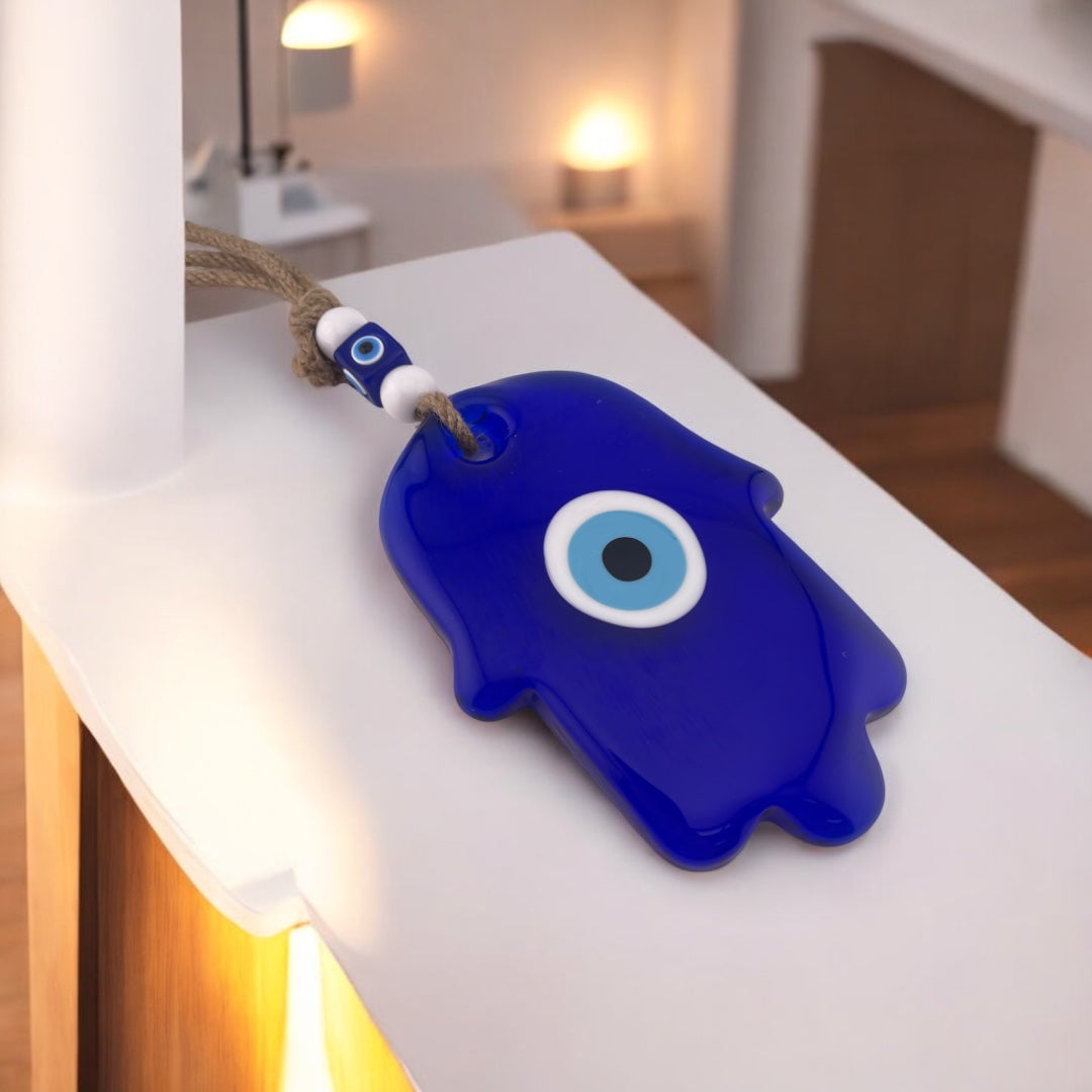 Hamsa Glass Blue Evil Eye Nazar Wall Ornament