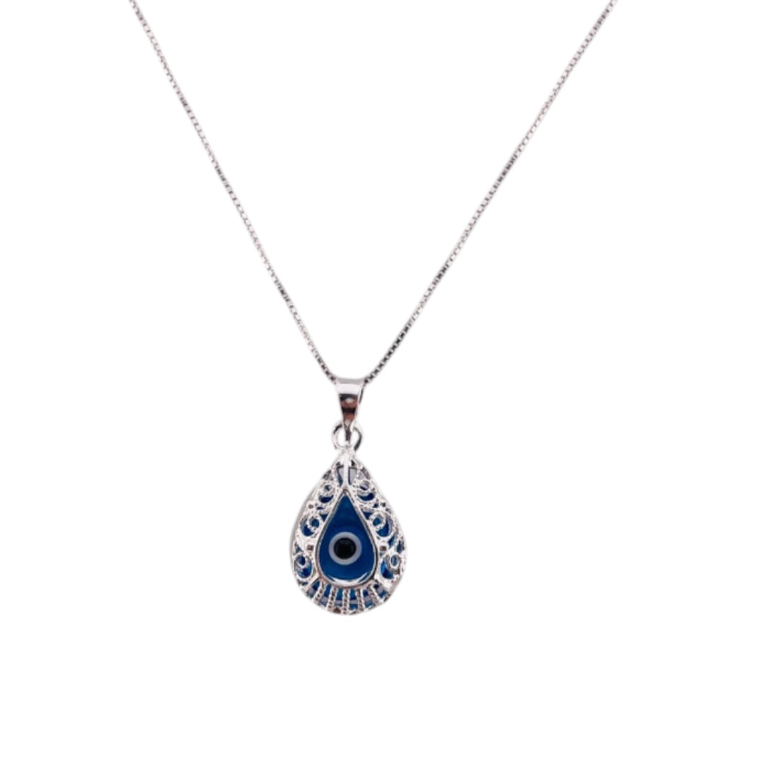 Evil Eye Guardian's Teardrop Sterling Silver Necklace and Sky Blue Pendant