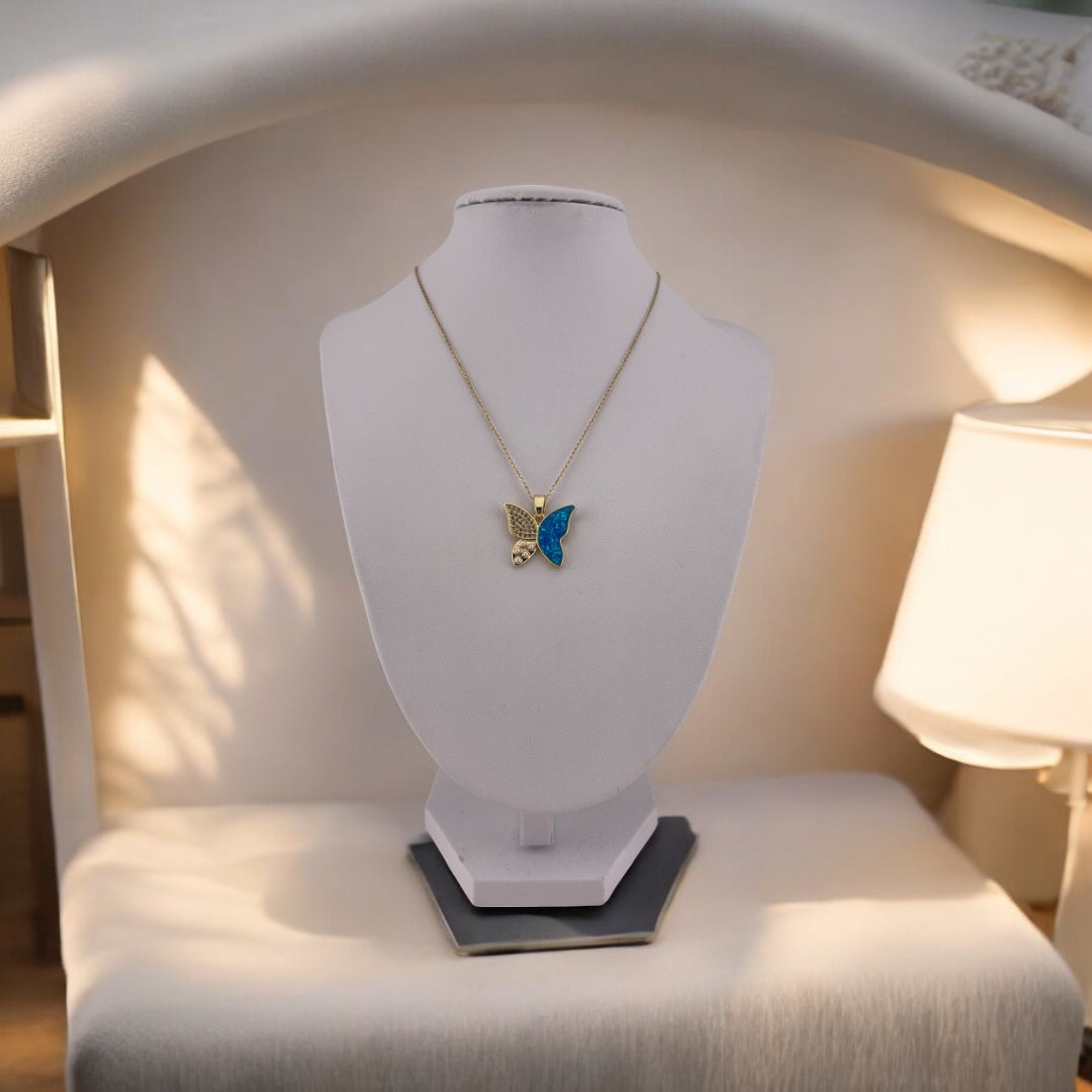 Butterfly Elegance: 18K Gold-Plated Pearl & Zircon Pendant with Blue Accents