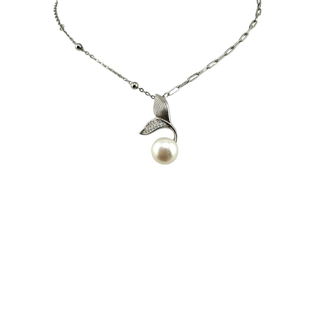 Sterling Silver, Mermaid Tail, Zircon, Freshwater Pearl, Pendant, Necklace, Perfect Gift