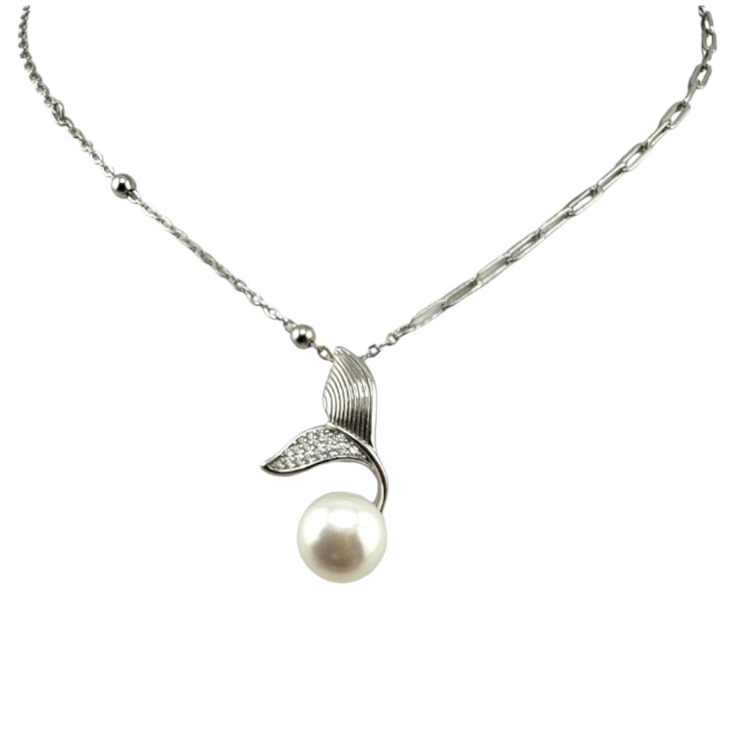 Sterling Silver, Mermaid Tail, Zircon, Freshwater Pearl, Pendant, Necklace, Perfect Gift