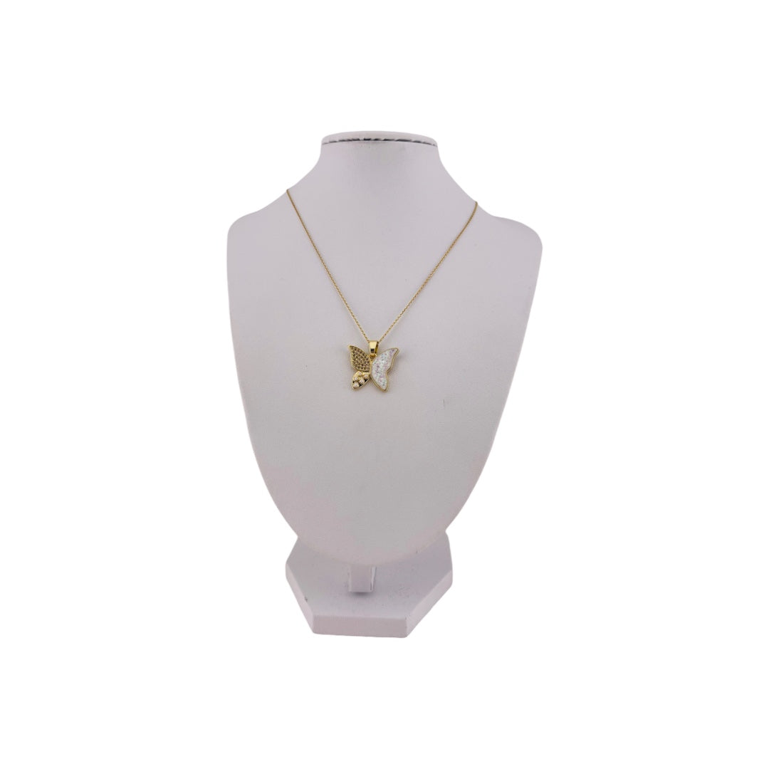 Butterfly Elegance: 18K Gold-Plated Pearl & Zircon Pendant with White Accents