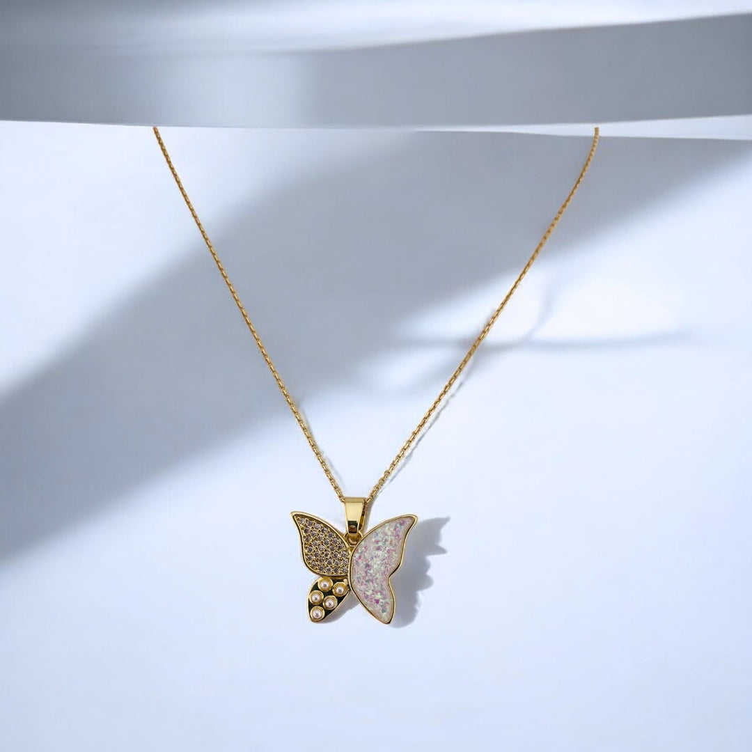 Butterfly Elegance: 18K Gold-Plated Pearl & Zircon Pendant with White Accents