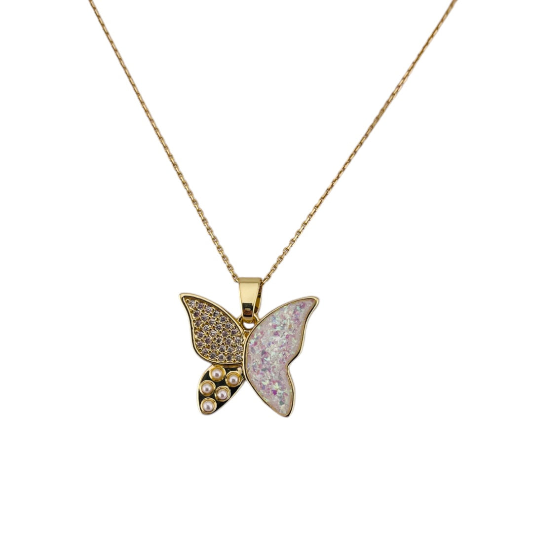 Butterfly Elegance: 18K Gold-Plated Pearl & Zircon Pendant with White Accents