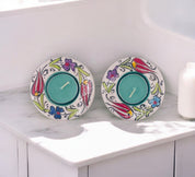 Candle Holder Set, Light Green Handcrafted Ceramic, Floral Design