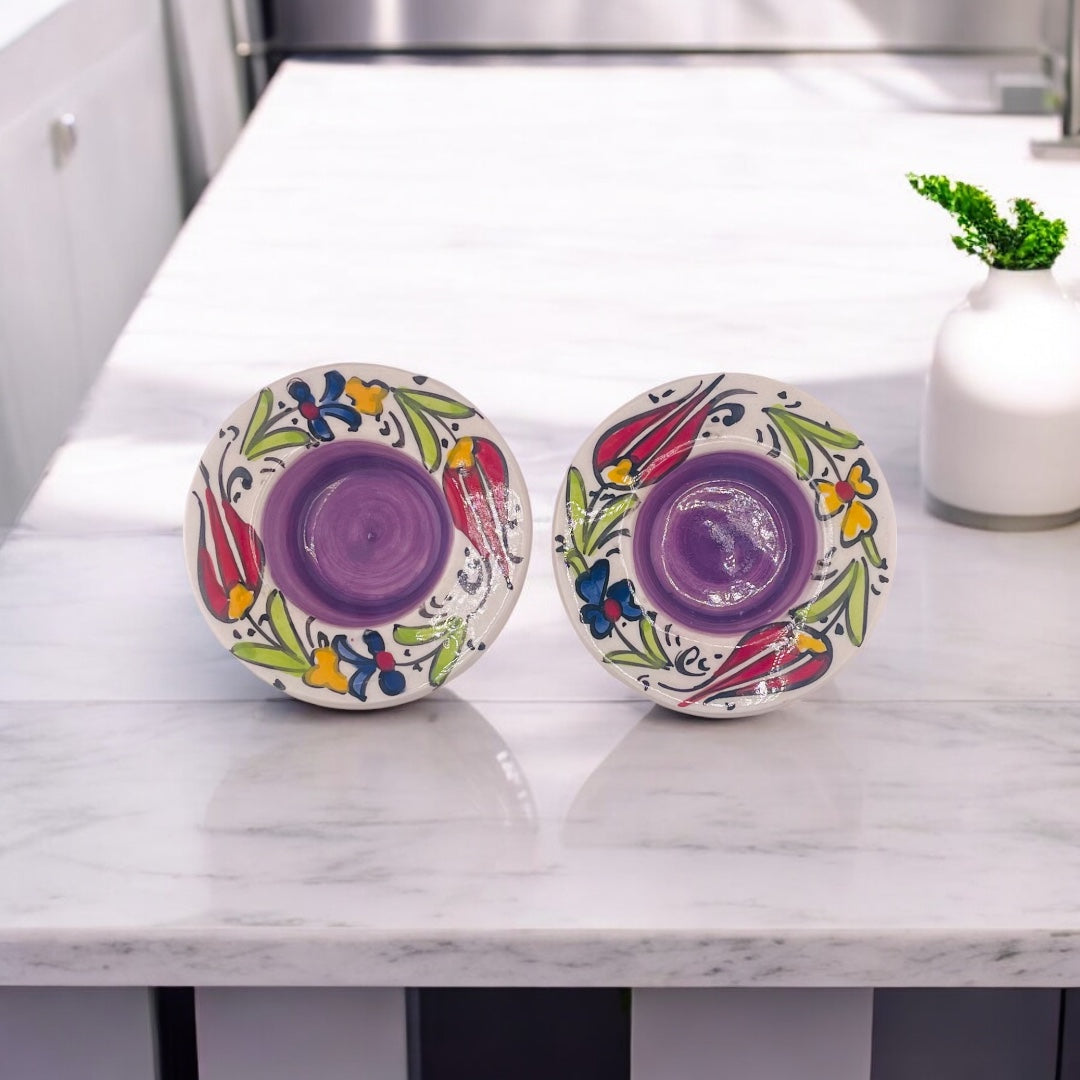 Candle Holder Set, Purple Handcrafted Ceramic, Floral Design