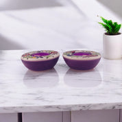 Candle Holder Set, Purple Handcrafted Ceramic, Floral Design