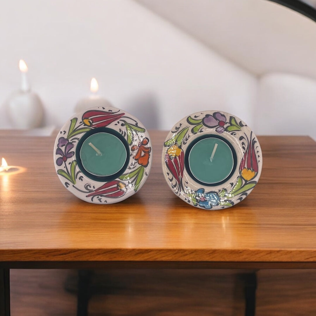 Candle Holder Set, Green Handcrafted Ceramic, Floral Design