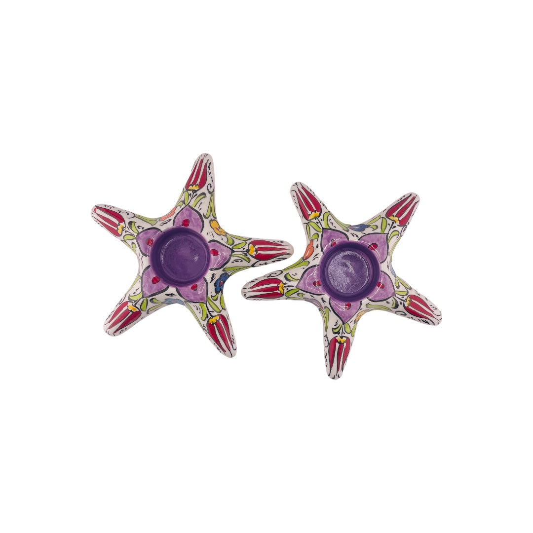 Candle Holder Set, Star Shaped, Purple Handcrafted Ceramic, Floral Design