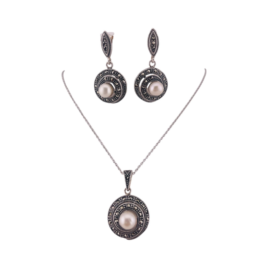 Swirl Essence Marcasite Sterling Silver Freshwater Pearl Jewelry Set