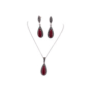 Marcasite Sparkle Sterling Silver Radiant Red Tear Drop Jewelry Set