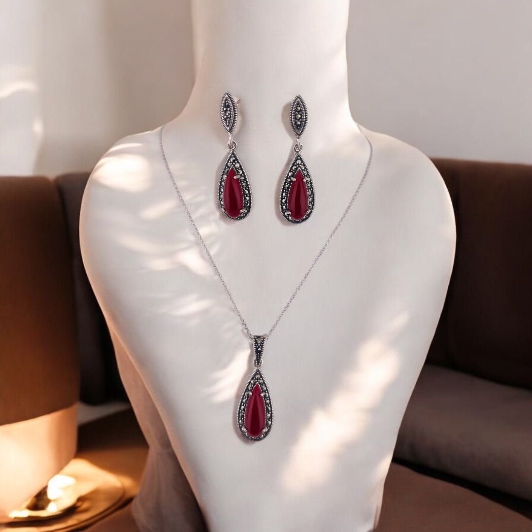 Marcasite Sparkle Sterling Silver Radiant Red Tear Drop Jewelry Set