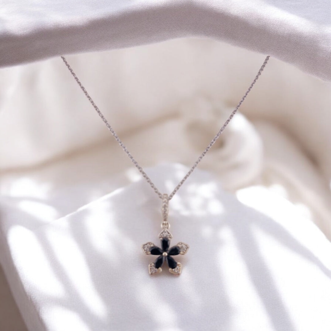 Sterling Silver Necklace with Black Flower Pendant and Sparkle