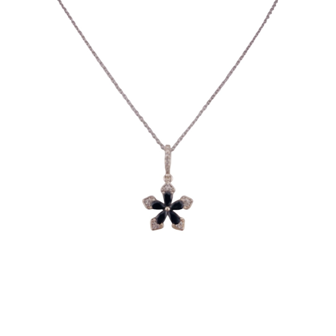 Sterling Silver Necklace with Black Flower Pendant and Sparkle