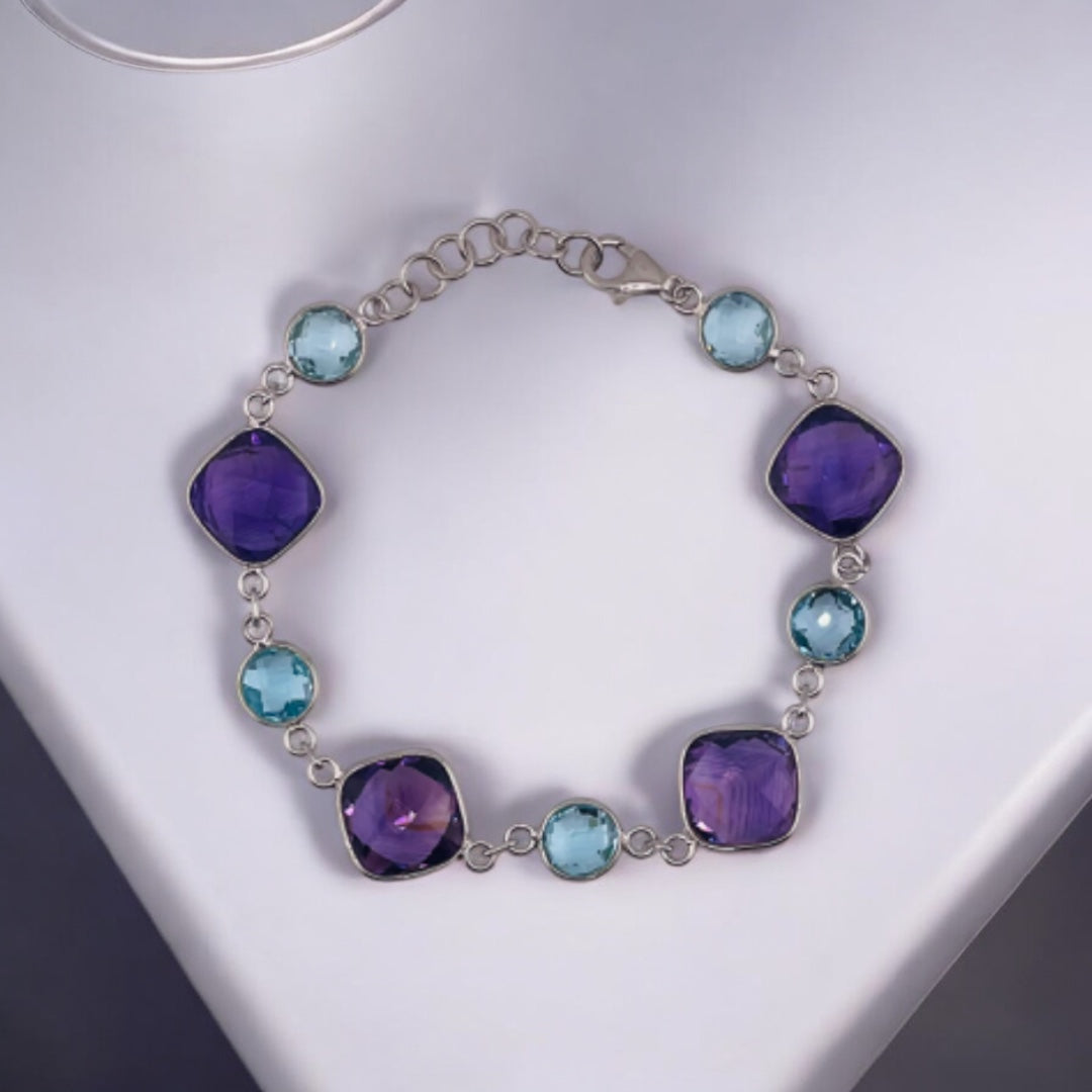 Square Purple Amethyst & Blue Topaz Bracelet – Radiant Elegance