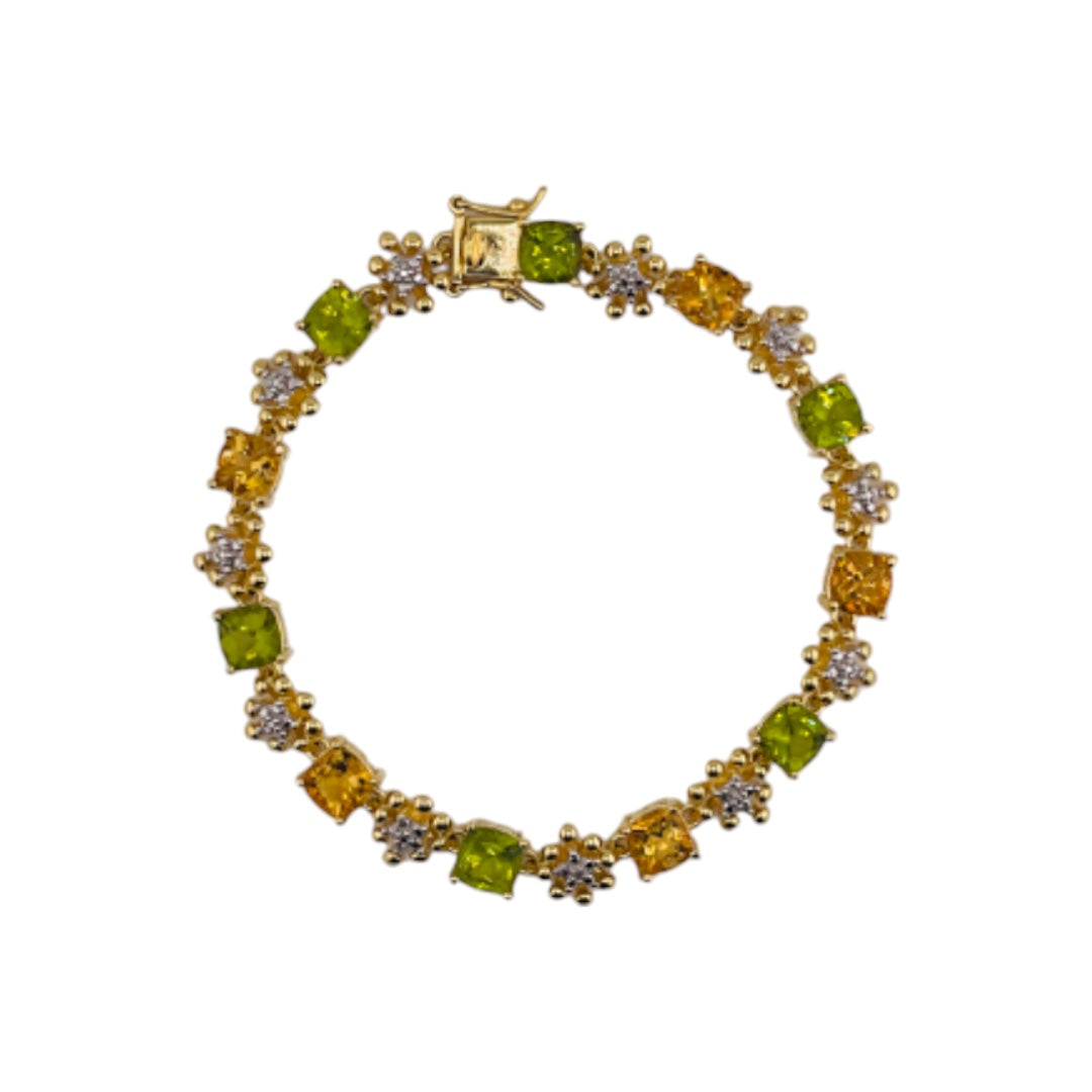 Yellow Citrine & Green Peridot Floral Square Bracelet – Gold-Finished Sterling Silver