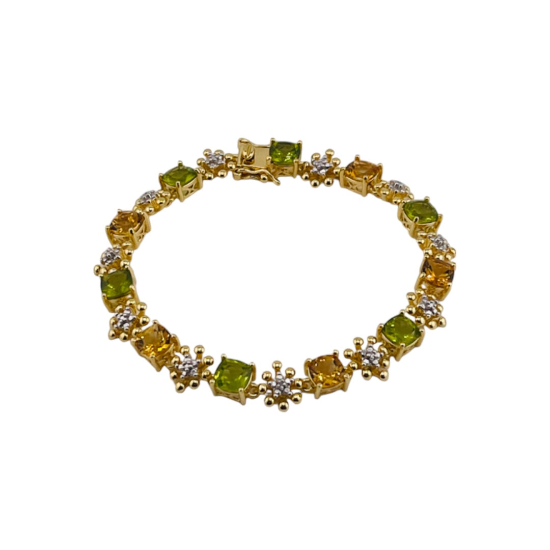 Yellow Citrine & Green Peridot Floral Square Bracelet – Gold-Finished Sterling Silver