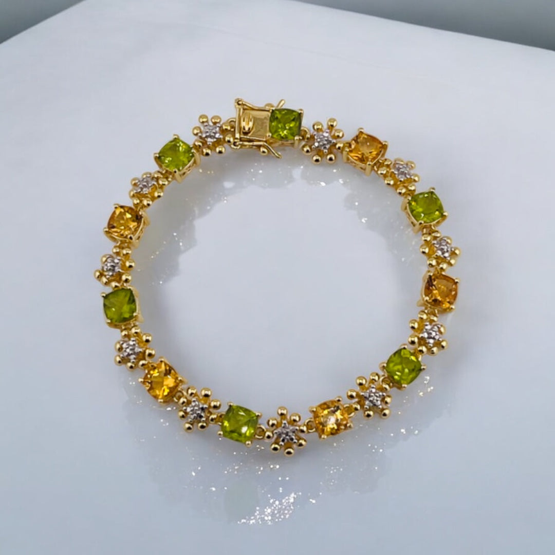 Yellow Citrine & Green Peridot Floral Square Bracelet – Gold-Finished Sterling Silver