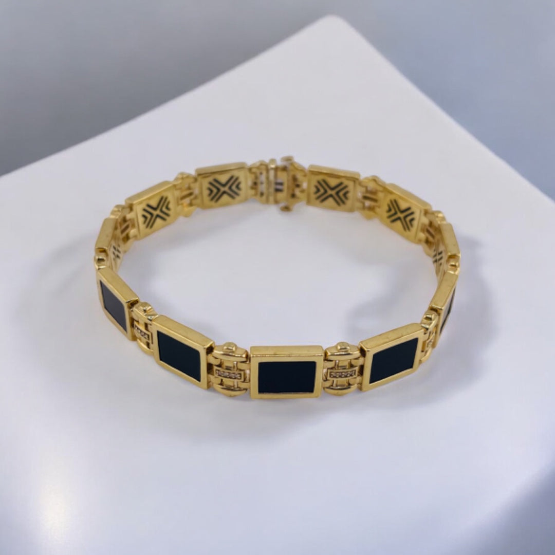 Rectangular Black Onyx & Diamond Bracelet – Sterling Silver with Gold Finish