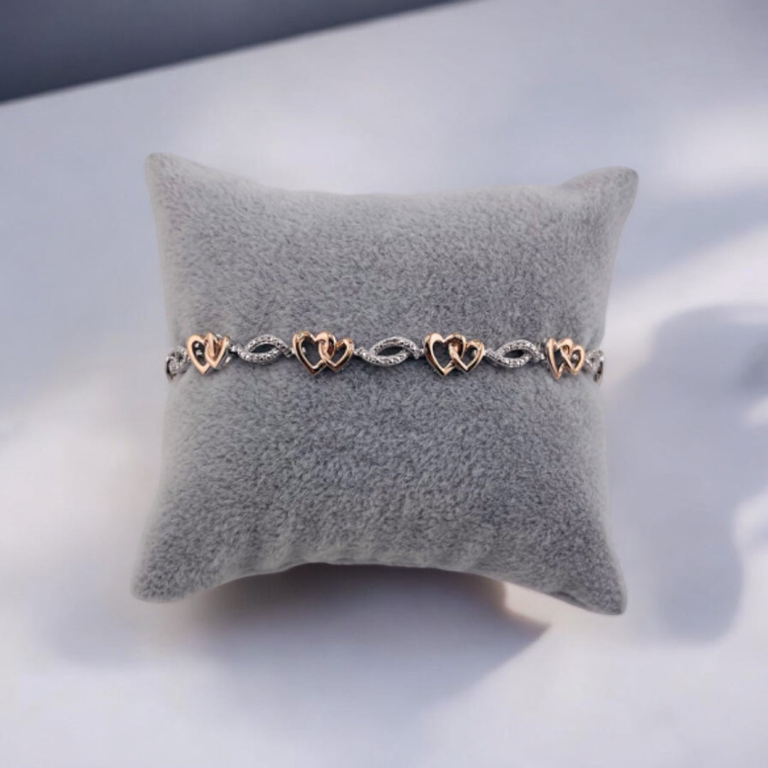 Diamond, Sterling Silver Bracelet with Silver and Gold Hues, Double Heart and Swirl Design,