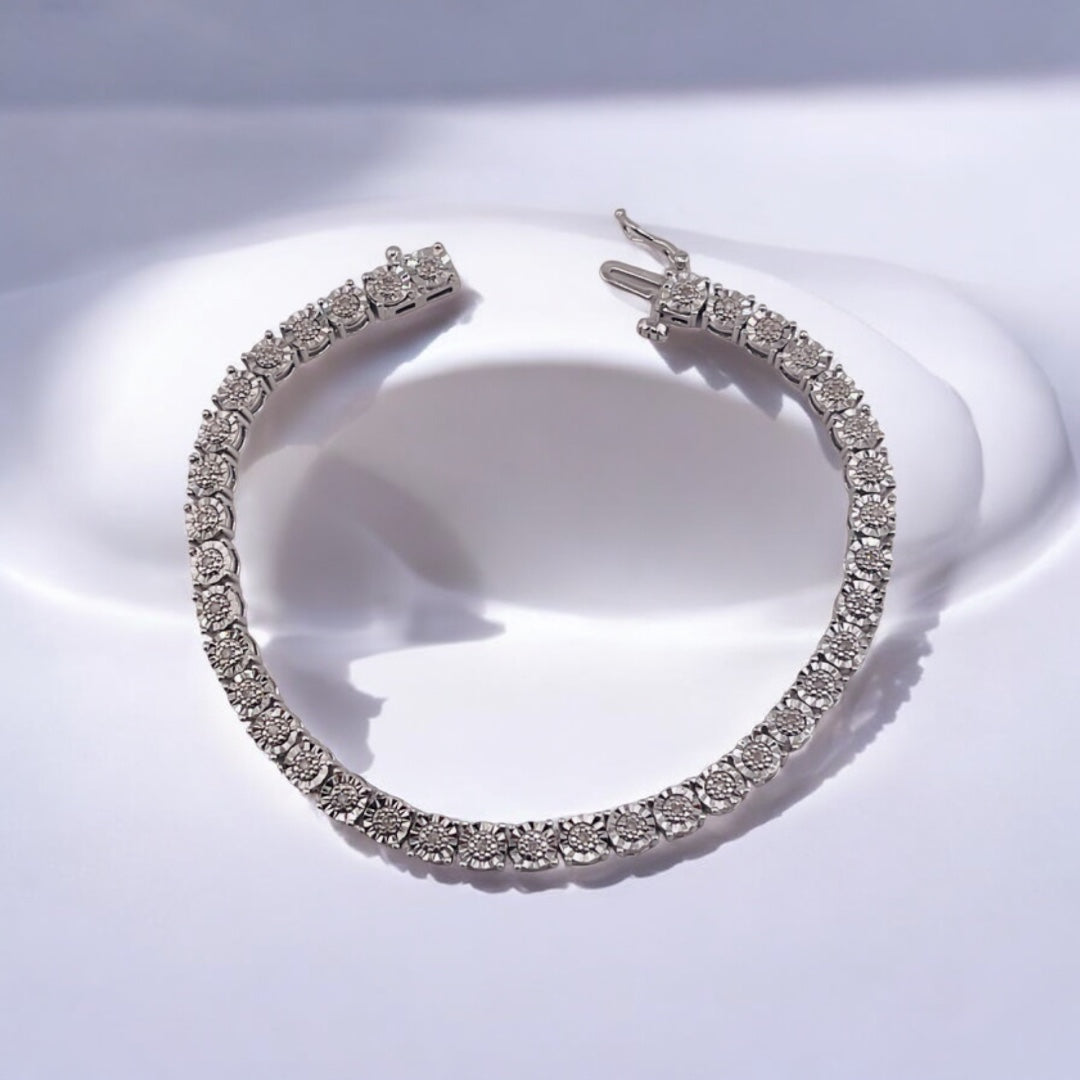 925 Sterling Silver Diamond Tennis Bracelet – Square & Round Design