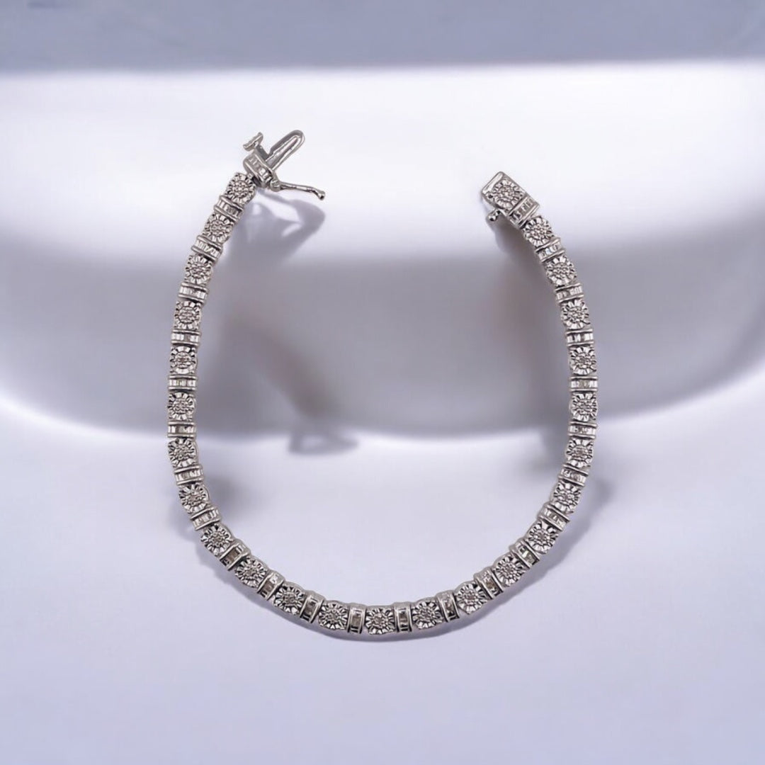 925 Sterling Silver Diamond Tennis Bracelet – Circle & Linear Design