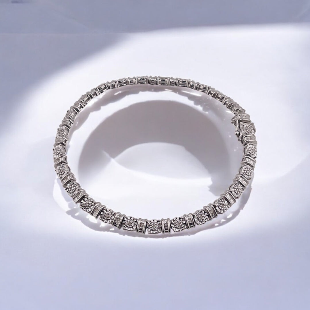 925 Sterling Silver Diamond Tennis Bracelet – Circle & Linear Design