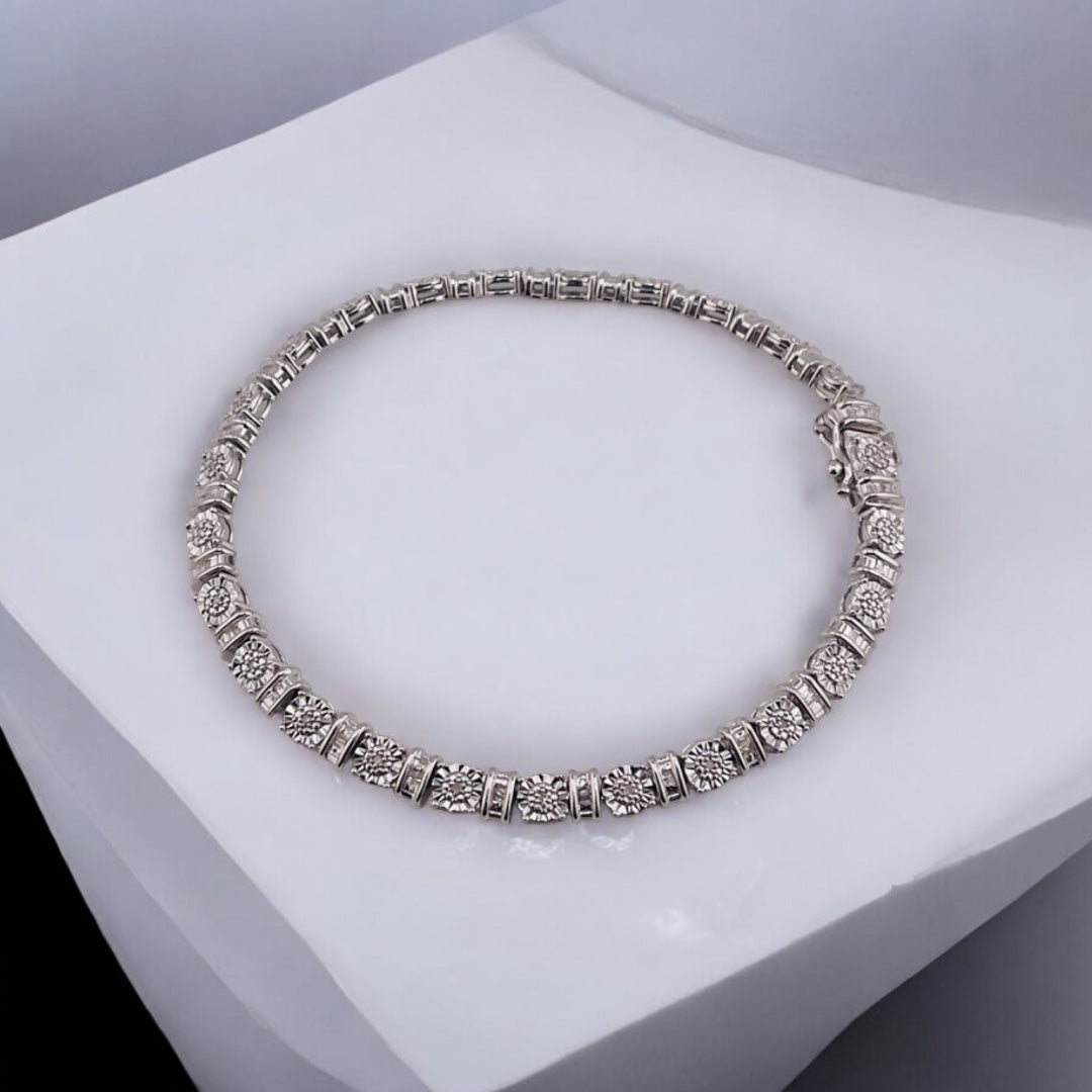 925 Sterling Silver Diamond Tennis Bracelet – Circle & Linear Design