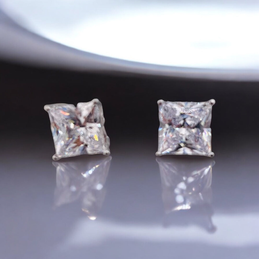 Square Cut Stud Earrings Sterling Silver Zirconia