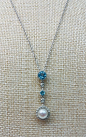 Soft Blue and Crystal Zircon Sterling Silver Pendant Necklace with Dangling Freshwater Pearl.