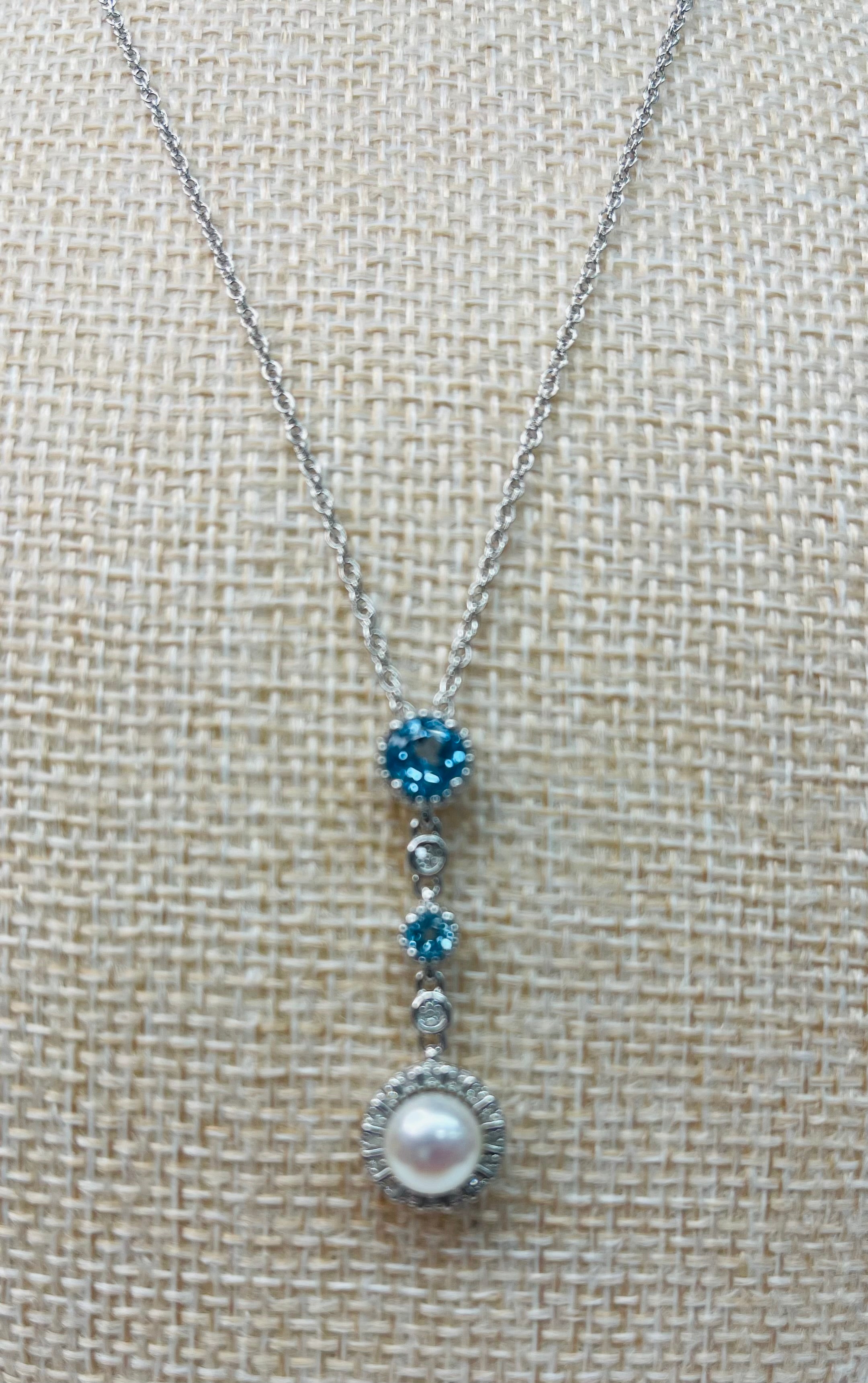 Soft Blue and Crystal Zircon Sterling Silver Pendant Necklace with Dangling Freshwater Pearl.