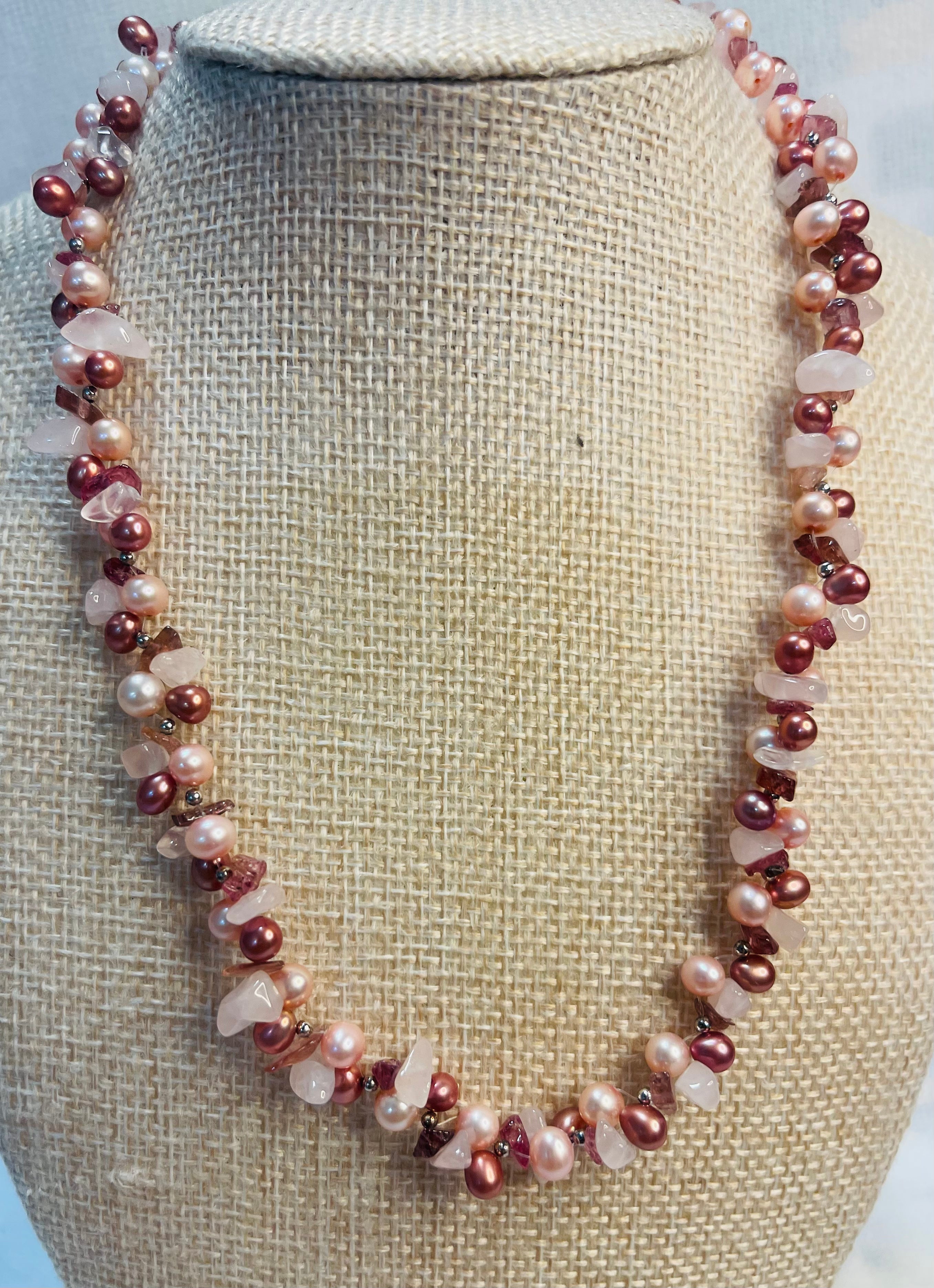 Freshwater Pearl Necklace, Tourmaline Stone, Sterling Silver Beads, Soft Pink, Purple, Red, Brown