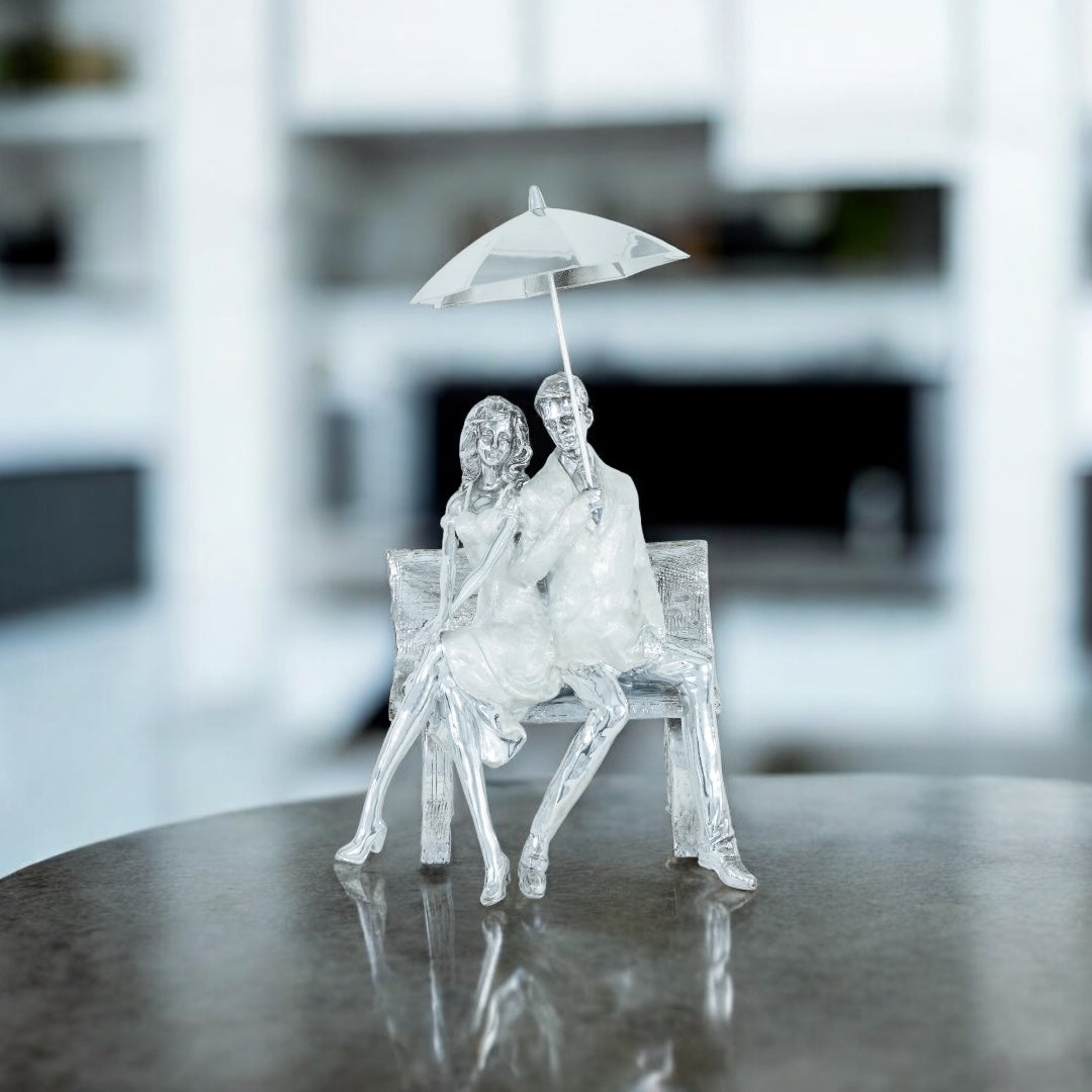 Romantic Moments Under the Umbrella - Couple on Bench Sculpture