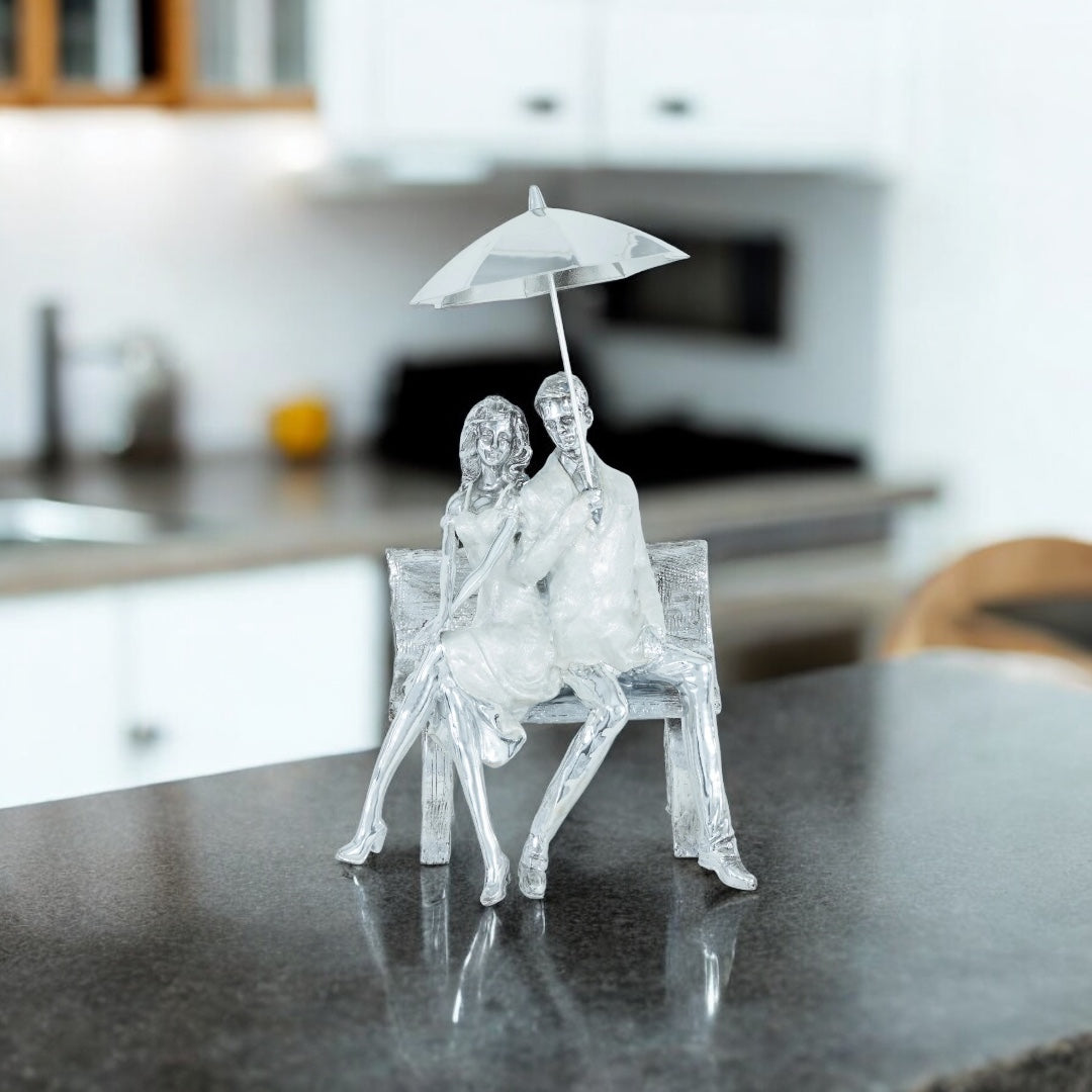 Romantic Moments Under the Umbrella - Couple on Bench Sculpture