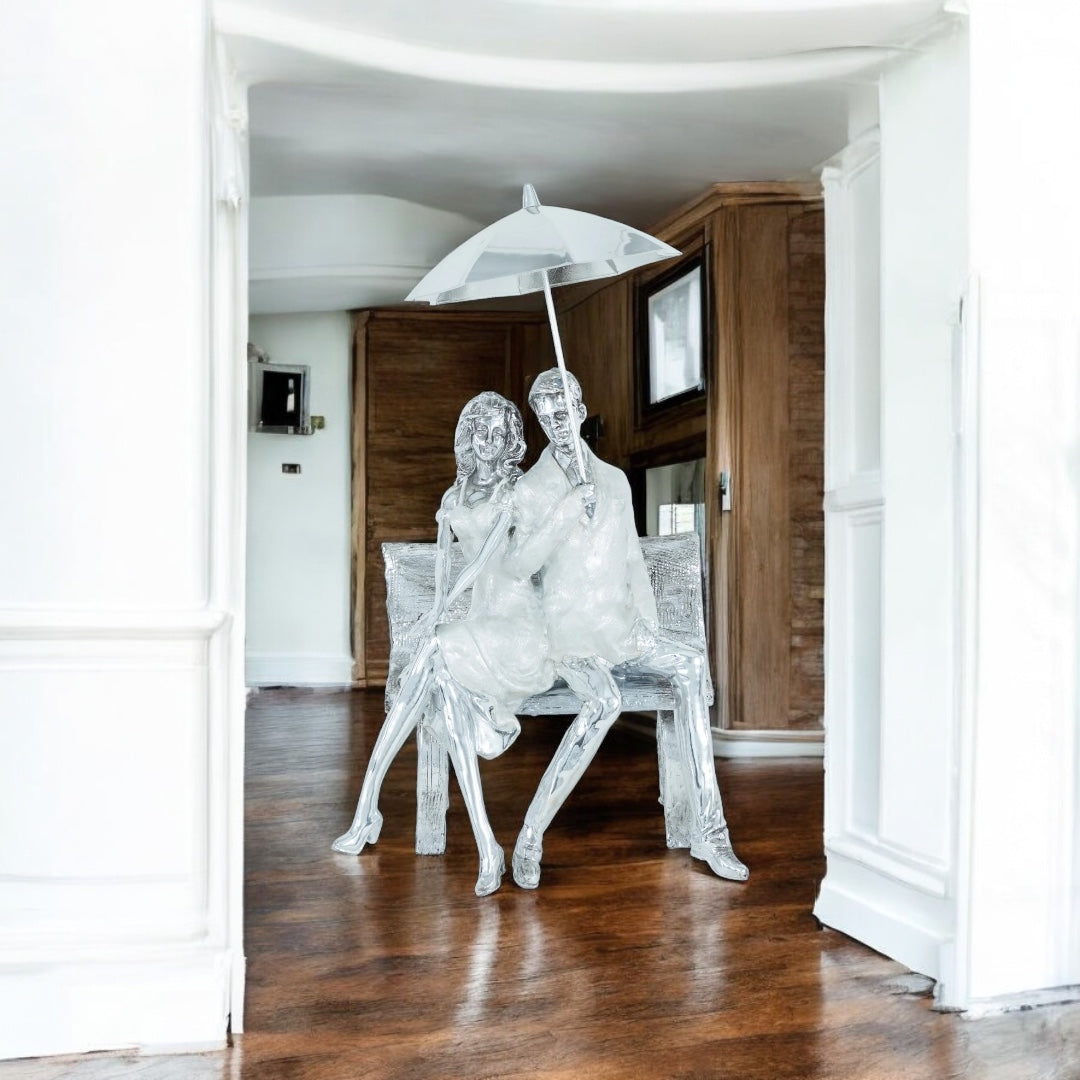 Romantic Moments Under the Umbrella - Couple on Bench Sculpture