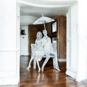 Romantic Moments Under the Umbrella - Couple on Bench Sculpture