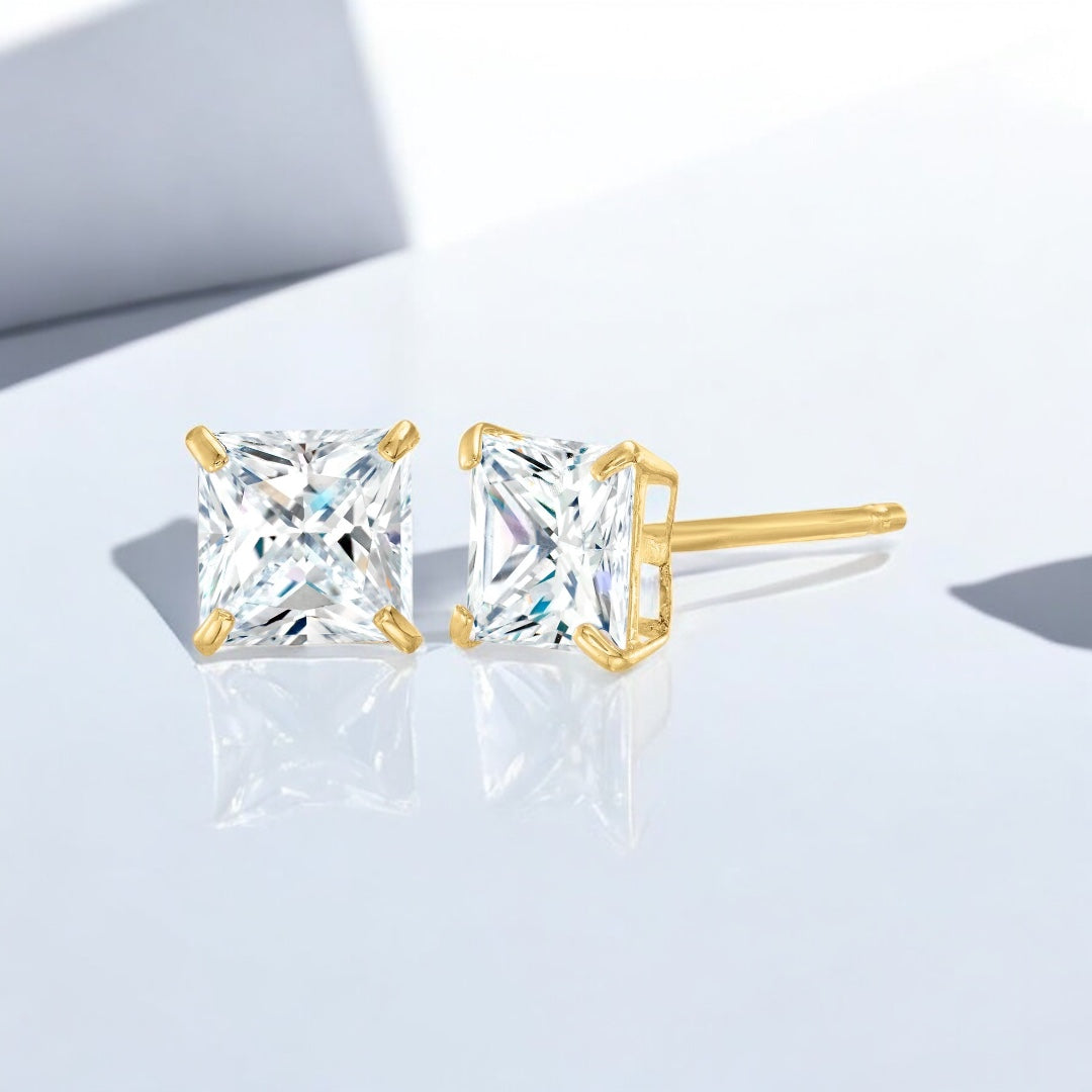 Square Cut Stud Earrings Gold Finish Sterling Silver Zirconia