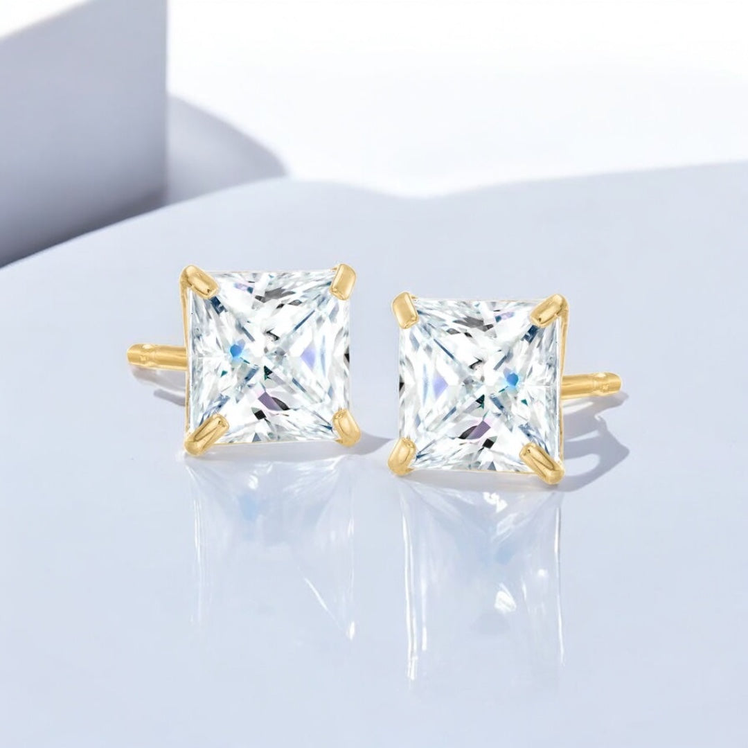 Square Cut Stud Earrings Gold Finish Sterling Silver Zirconia