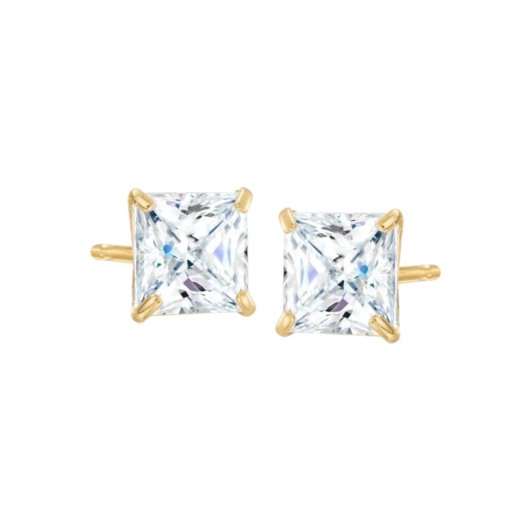 Square Cut Stud Earrings Gold Finish Sterling Silver Zirconia