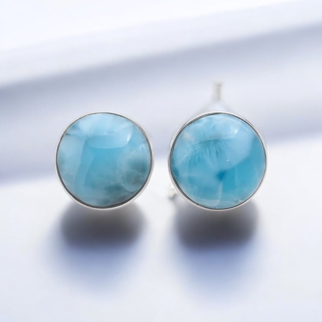 Sterling Silver Round Gemstone Larimar Stud Earrings