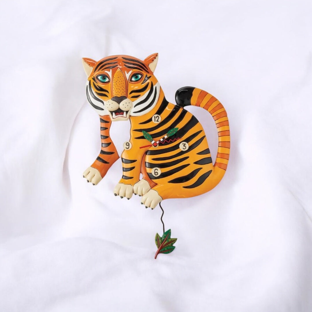 Stripes The Tiger Clock: Vibrant Hand-Painted Tiger with Enchanting Eyes and Unique Leaf&nbsp;