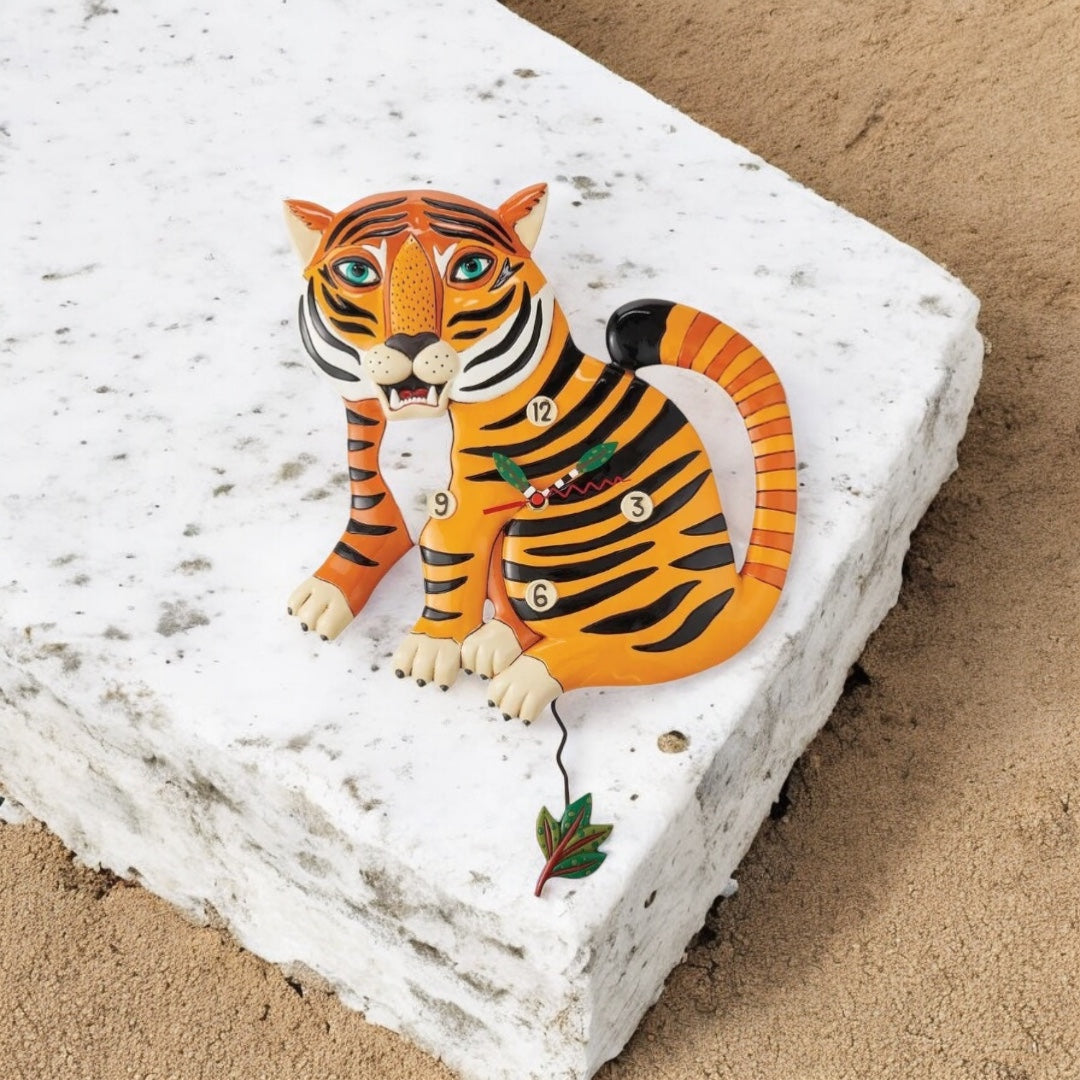 Stripes The Tiger Clock: Vibrant Hand-Painted Tiger with Enchanting Eyes and Unique Leaf&nbsp;