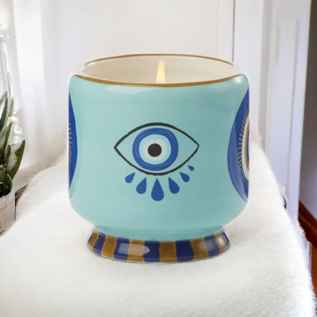 Moroccan Inspired, Evil Eye, Ceramic Candle, Hand Painted Details, Holiday Gift